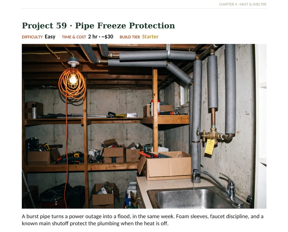 Project 59, Pipe Freeze Protection: a burst pipe turns a power outage into a flood, in the same week