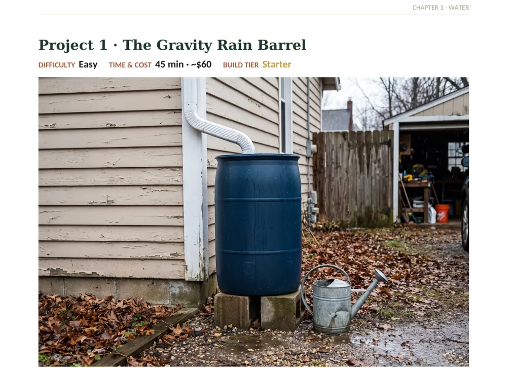 Project 1, The Gravity Rain Barrel: difficulty easy, 45 minutes, about $60, with a photo of the finished barrel