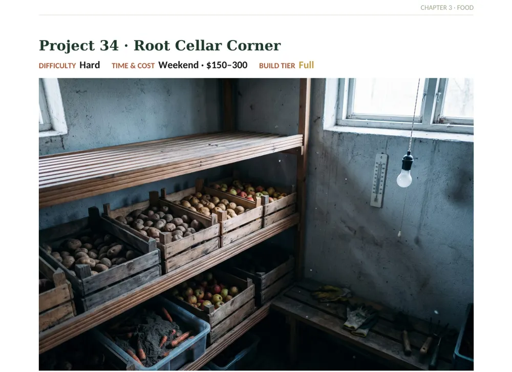 Inside The Off-Grid Handbook: Project 34 · Root Cellar Corner · Hard · Weekend · $150–300