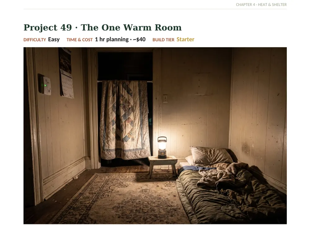 Inside The Off-Grid Handbook: Project 49 · The One Warm Room · Easy · 1 hr planning · ~$40