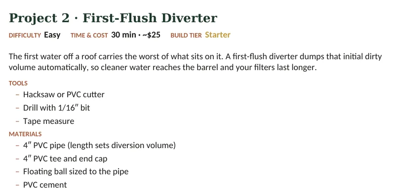 Inside The Off-Grid Handbook: Project 2 · First-Flush Diverter · Easy · 30 min · ~$25
