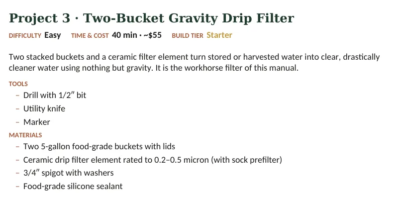 Inside The Off-Grid Handbook: Project 3 · Two-Bucket Gravity Drip Filter · Easy · 40 min · ~$55