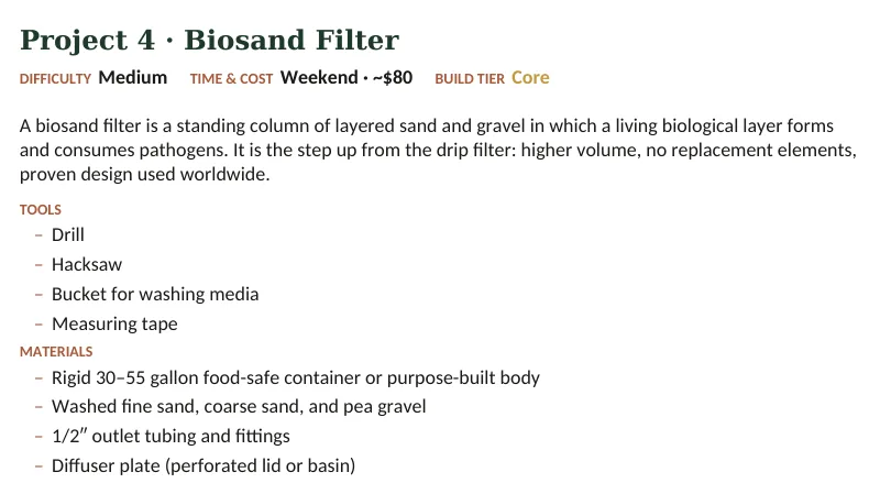 Inside The Off-Grid Handbook: Project 4 · Biosand Filter · Medium · Weekend · ~$80