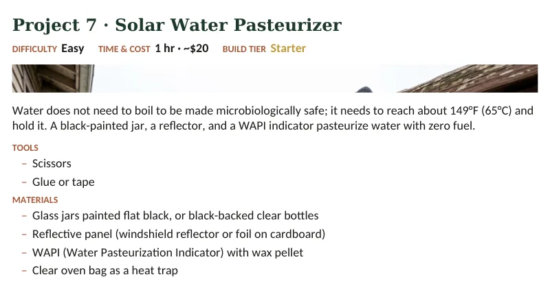 Inside The Off-Grid Handbook: Project 7 · Solar Water Pasteurizer · Easy · 1 hr · ~$20