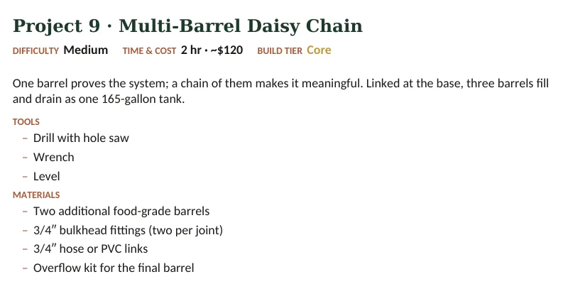 Inside The Off-Grid Handbook: Project 9 · Multi-Barrel Daisy Chain · Medium · 2 hr · ~$120