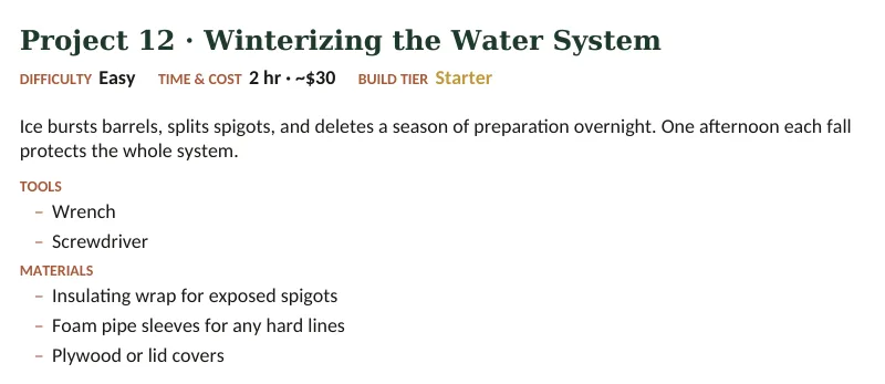 Inside The Off-Grid Handbook: Project 12 · Winterizing the Water System · Easy · 2 hr · ~$30