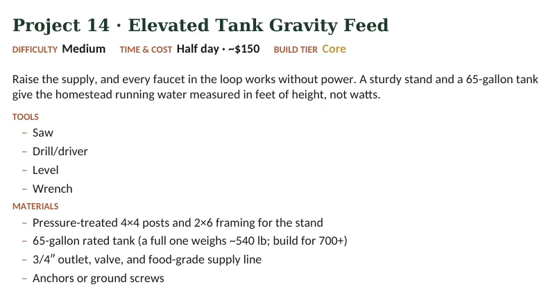 Inside The Off-Grid Handbook: Project 14 · Elevated Tank Gravity Feed · Medium · Half day · ~$150