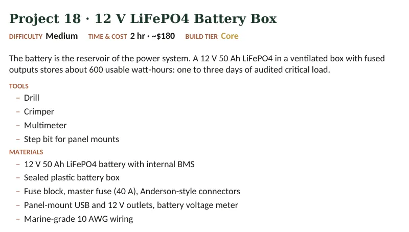 Inside The Off-Grid Handbook: Project 18 · 12 V LiFePO4 Battery Box · Medium · 2 hr · ~$180