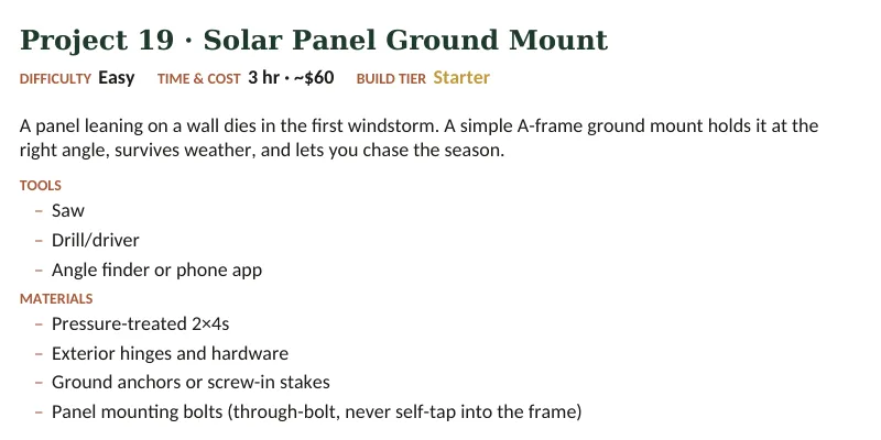 Inside The Off-Grid Handbook: Project 19 · Solar Panel Ground Mount · Easy · 3 hr · ~$60