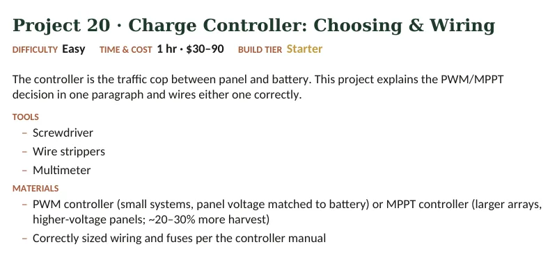 Inside The Off-Grid Handbook: Project 20 · Charge Controller: Choosing & Wiring · Easy · 1 hr · $30–90