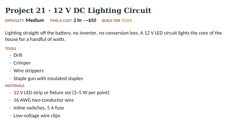 Inside The Off-Grid Handbook: Project 21 · 12 V DC Lighting Circuit · Medium · 2 hr · ~$50