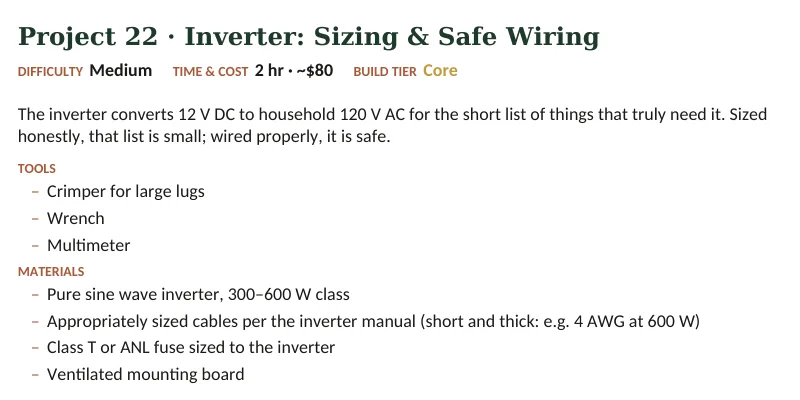 Inside The Off-Grid Handbook: Project 22 · Inverter: Sizing & Safe Wiring · Medium · 2 hr · ~$80