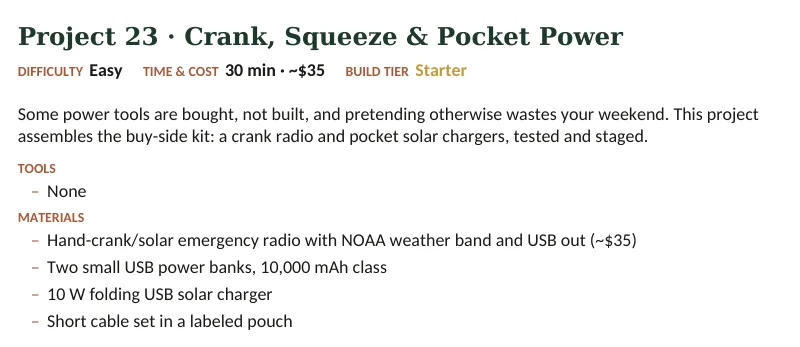 Inside The Off-Grid Handbook: Project 23 · Crank, Squeeze & Pocket Power · Easy · 30 min · ~$35