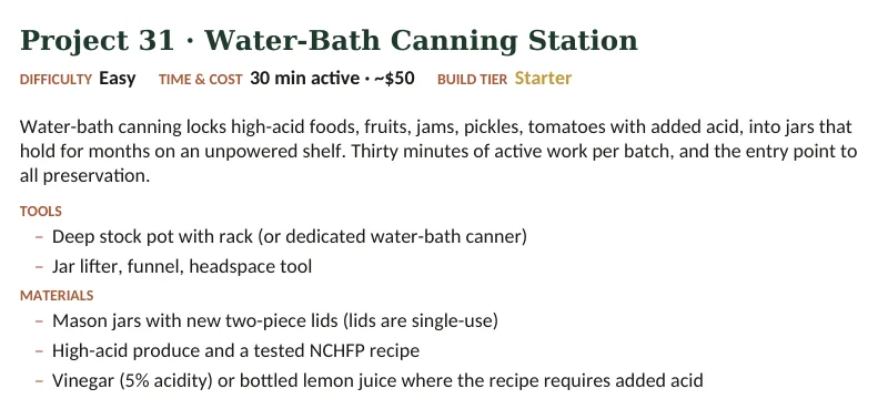 Inside The Off-Grid Handbook: Project 31 · Water-Bath Canning Station · Easy · 30 min active · ~$50