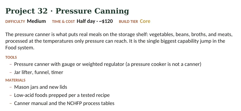 Inside The Off-Grid Handbook: Project 32 · Pressure Canning · Medium · Half day · ~$120