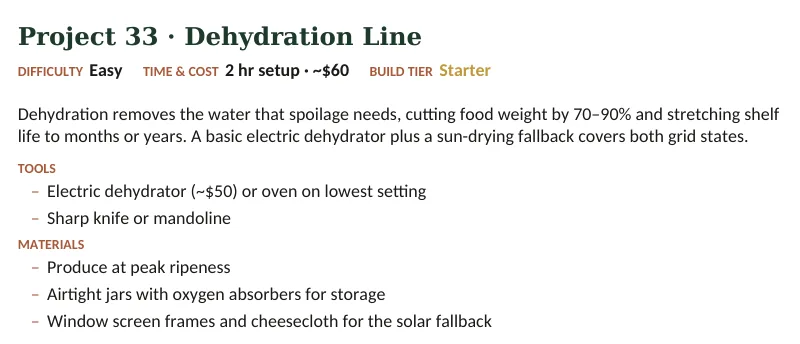 Inside The Off-Grid Handbook: Project 33 · Dehydration Line · Easy · 2 hr setup · ~$60