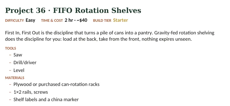 Inside The Off-Grid Handbook: Project 36 · FIFO Rotation Shelves · Easy · 2 hr · ~$40