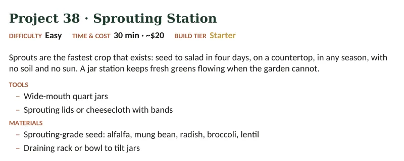 Inside The Off-Grid Handbook: Project 38 · Sprouting Station · Easy · 30 min · ~$20