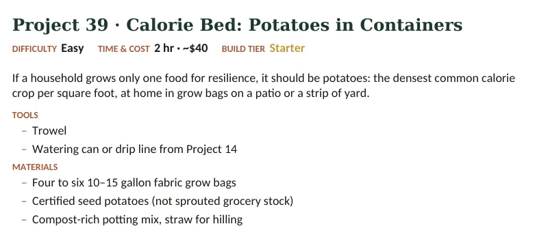 Inside The Off-Grid Handbook: Project 39 · Calorie Bed: Potatoes in Containers · Easy · 2 hr · ~$40