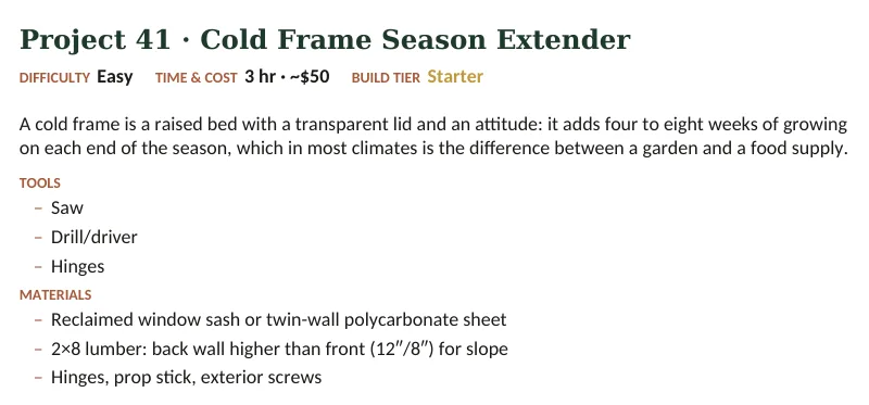 Inside The Off-Grid Handbook: Project 41 · Cold Frame Season Extender · Easy · 3 hr · ~$50