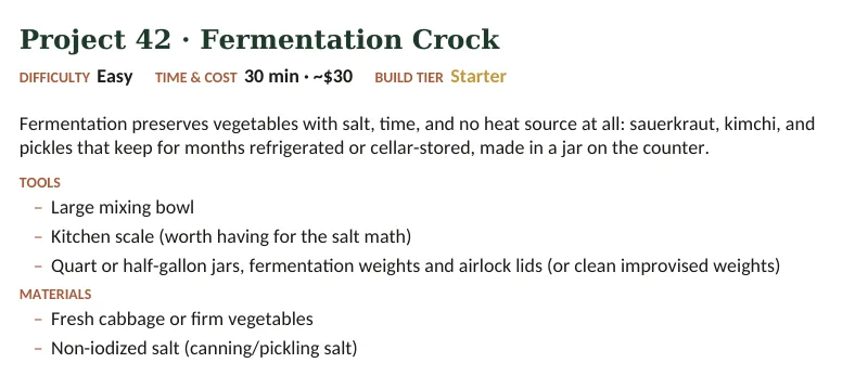 Inside The Off-Grid Handbook: Project 42 · Fermentation Crock · Easy · 30 min · ~$30