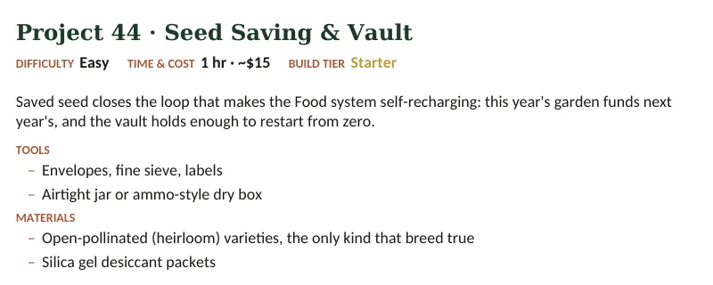 Inside The Off-Grid Handbook: Project 44 · Seed Saving & Vault · Easy · 1 hr · ~$15
