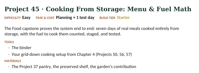 Inside The Off-Grid Handbook: Project 45 · Cooking From Storage: Menu & Fuel Math · Easy · Planning + 1 test day