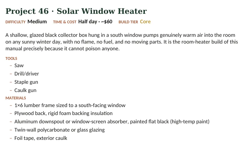Inside The Off-Grid Handbook: Project 46 · Solar Window Heater · Medium · Half day · ~$60