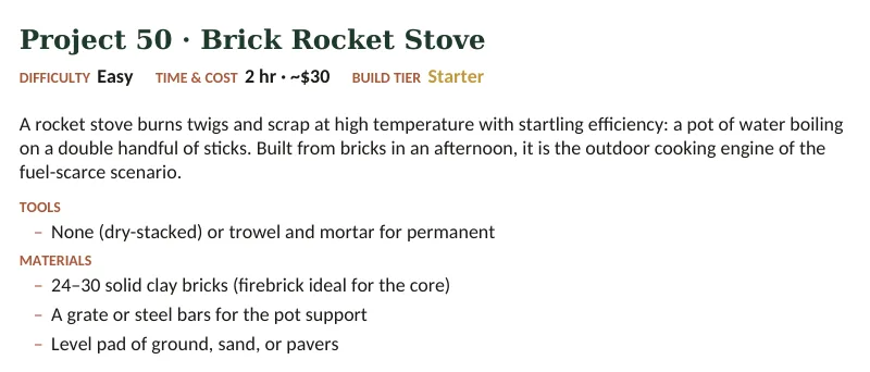 Inside The Off-Grid Handbook: Project 50 · Brick Rocket Stove · Easy · 2 hr · ~$30