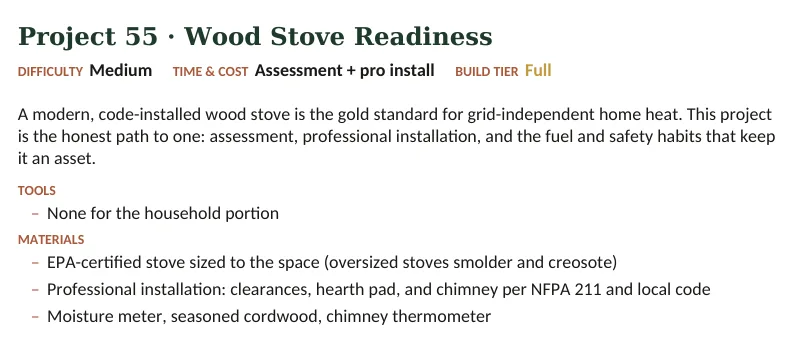 Inside The Off-Grid Handbook: Project 55 · Wood Stove Readiness · Medium · Assessment + pro install