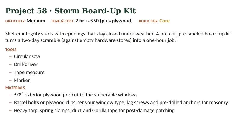 Inside The Off-Grid Handbook: Project 58 · Storm Board-Up Kit · Medium · 2 hr · ~$50 (plus plywood)