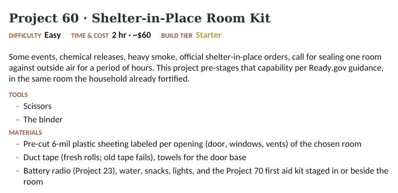 Inside The Off-Grid Handbook: Project 60 · Shelter-in-Place Room Kit · Easy · 2 hr · ~$60