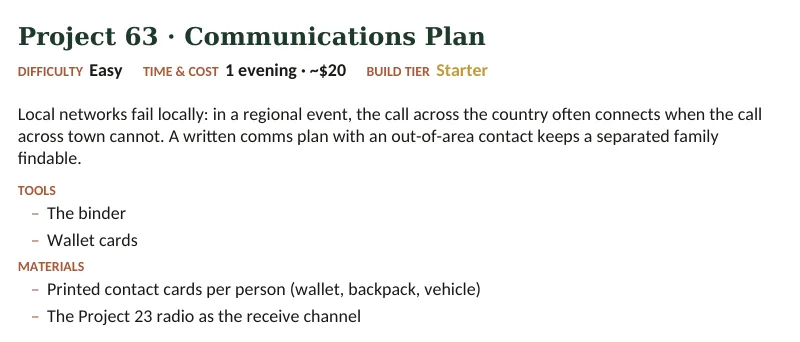 Inside The Off-Grid Handbook: Project 63 · Communications Plan · Easy · 1 evening · ~$20