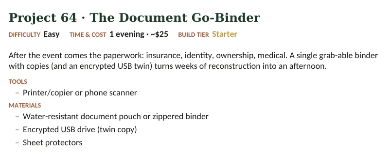 Inside The Off-Grid Handbook: Project 64 · The Document Go-Binder · Easy · 1 evening · ~$25