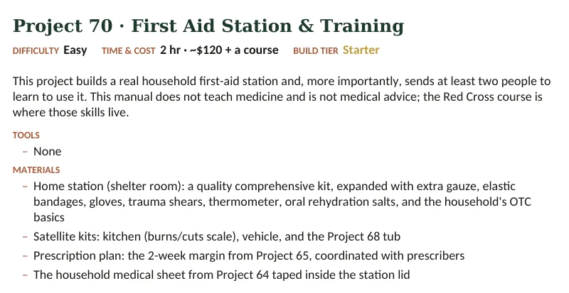 Inside The Off-Grid Handbook: Project 70 · First Aid Station & Training · Easy · 2 hr · ~$120 + a course