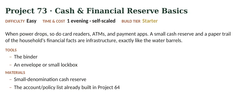 Inside The Off-Grid Handbook: Project 73 · Cash & Financial Reserve Basics · Easy · 1 evening · self-scaled