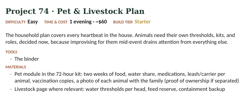 Inside The Off-Grid Handbook: Project 74 · Pet & Livestock Plan · Easy · 1 evening · ~$60