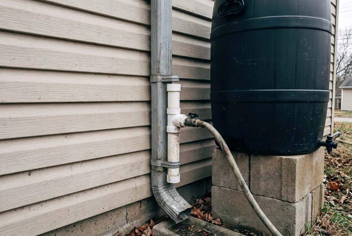 A first flush diverter made of white PVC pipe teed into a gray downspout, feeding a black rain barrel on concrete blocks through a hose