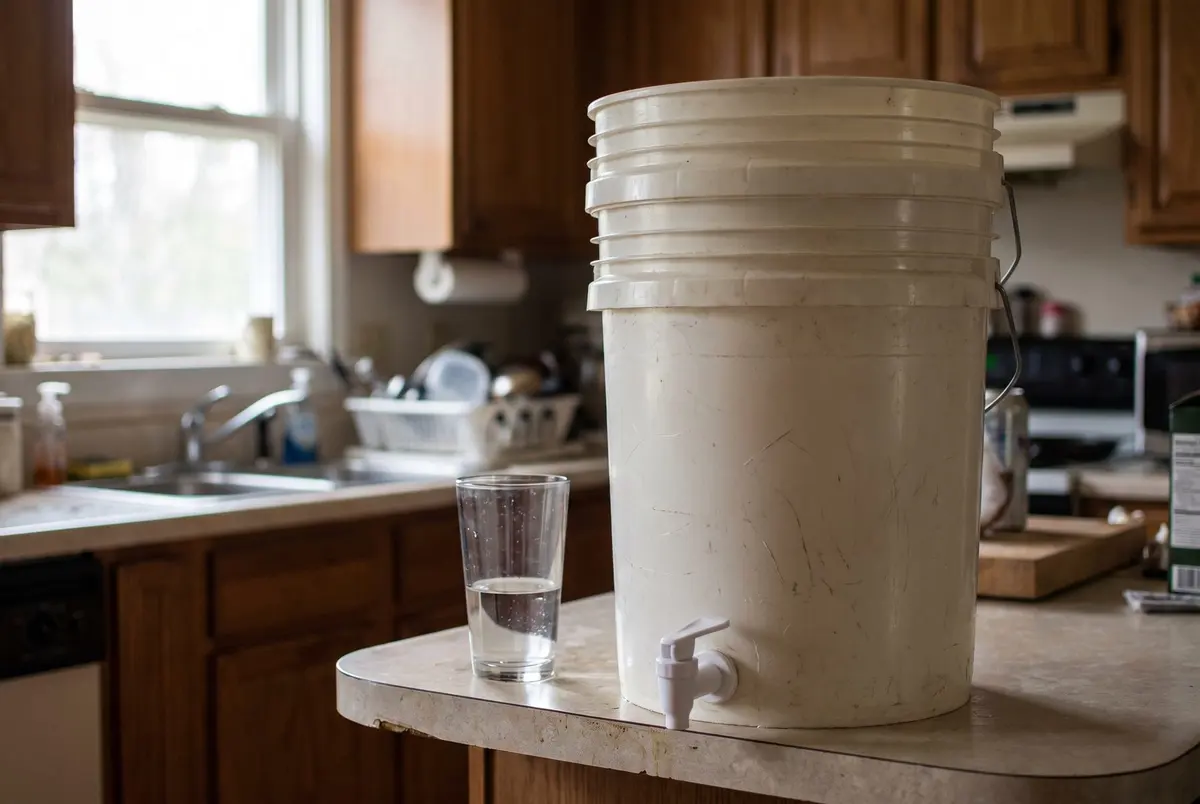 A white two-bucket gravity water filter with a plastic spigot on a kitchen counter, next to a glass of clear filtered water