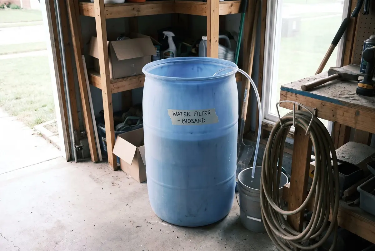 A blue plastic drum labeled Water Filter - Biosand in a garage, with clear outlet tubing running from its top into a bucket on the floor