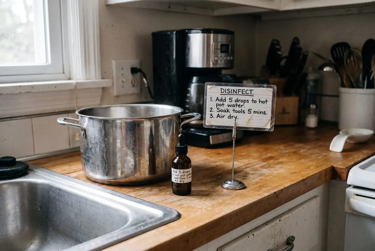 A steel stock pot, a small brown dropper bottle and a handwritten disinfection card on a stand, on a butcher-block counter beside a kitchen sink
