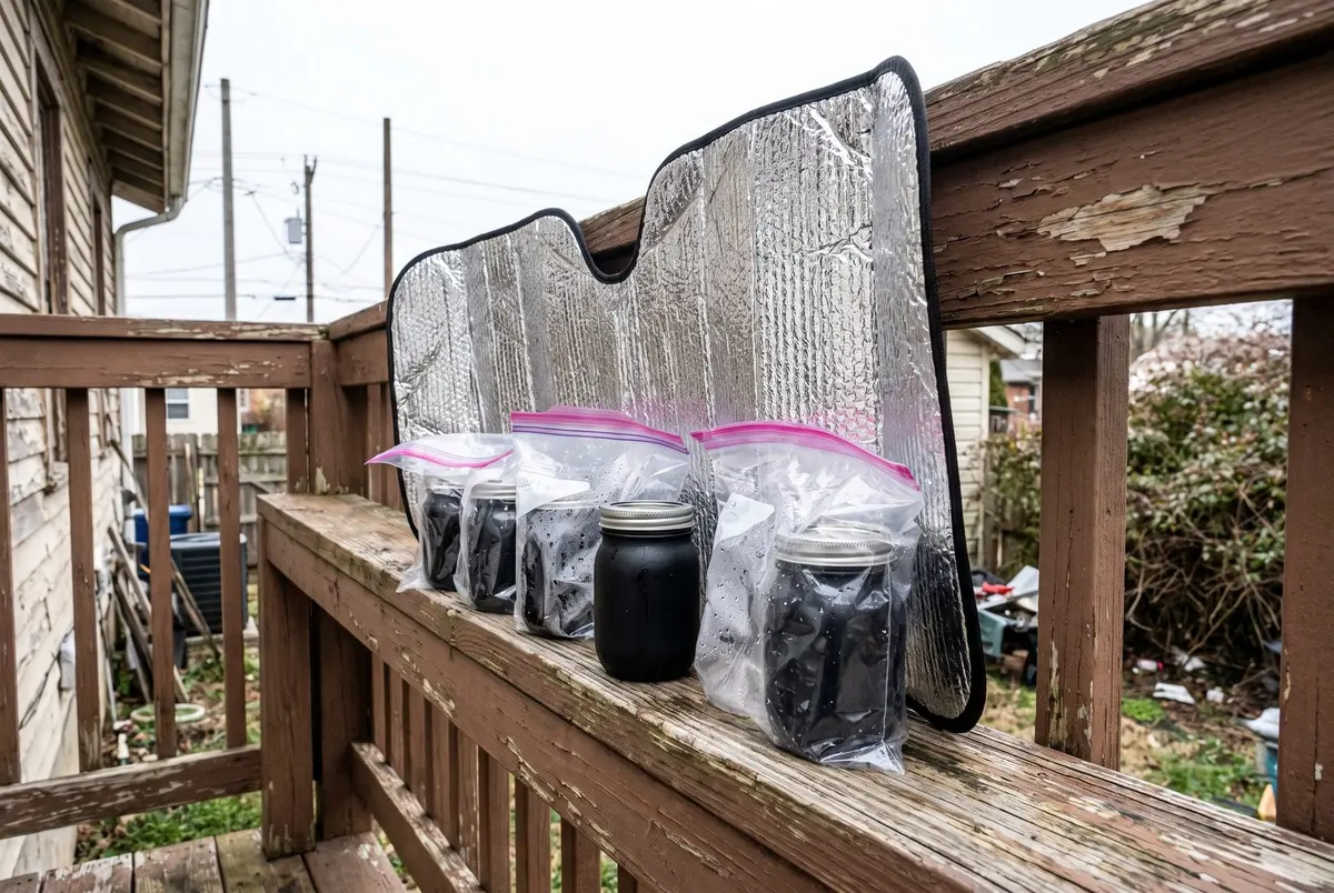 Black-painted mason jars sealed in clear plastic bags, lined up on a weathered deck railing in front of a foil windshield sun reflector