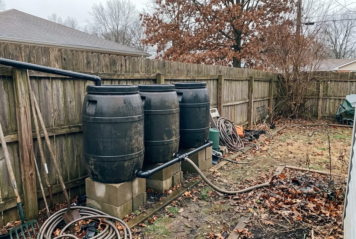 Three black rain barrels on a row of concrete blocks along a wooden fence, joined by black pipe near their base, with a hose running off across the yard