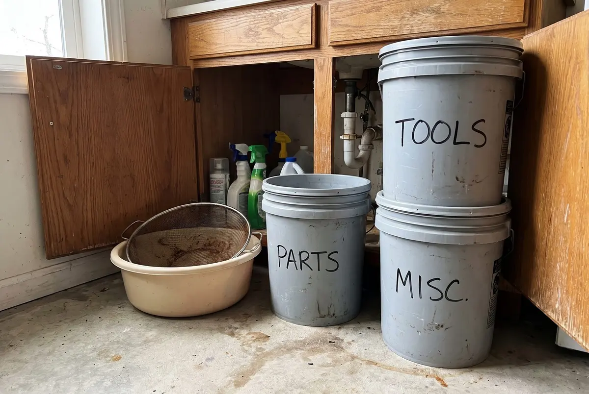 Three gray 5-gallon buckets labeled in black marker and a tan wash basin holding a mesh strainer, on the floor beside an open sink cabinet