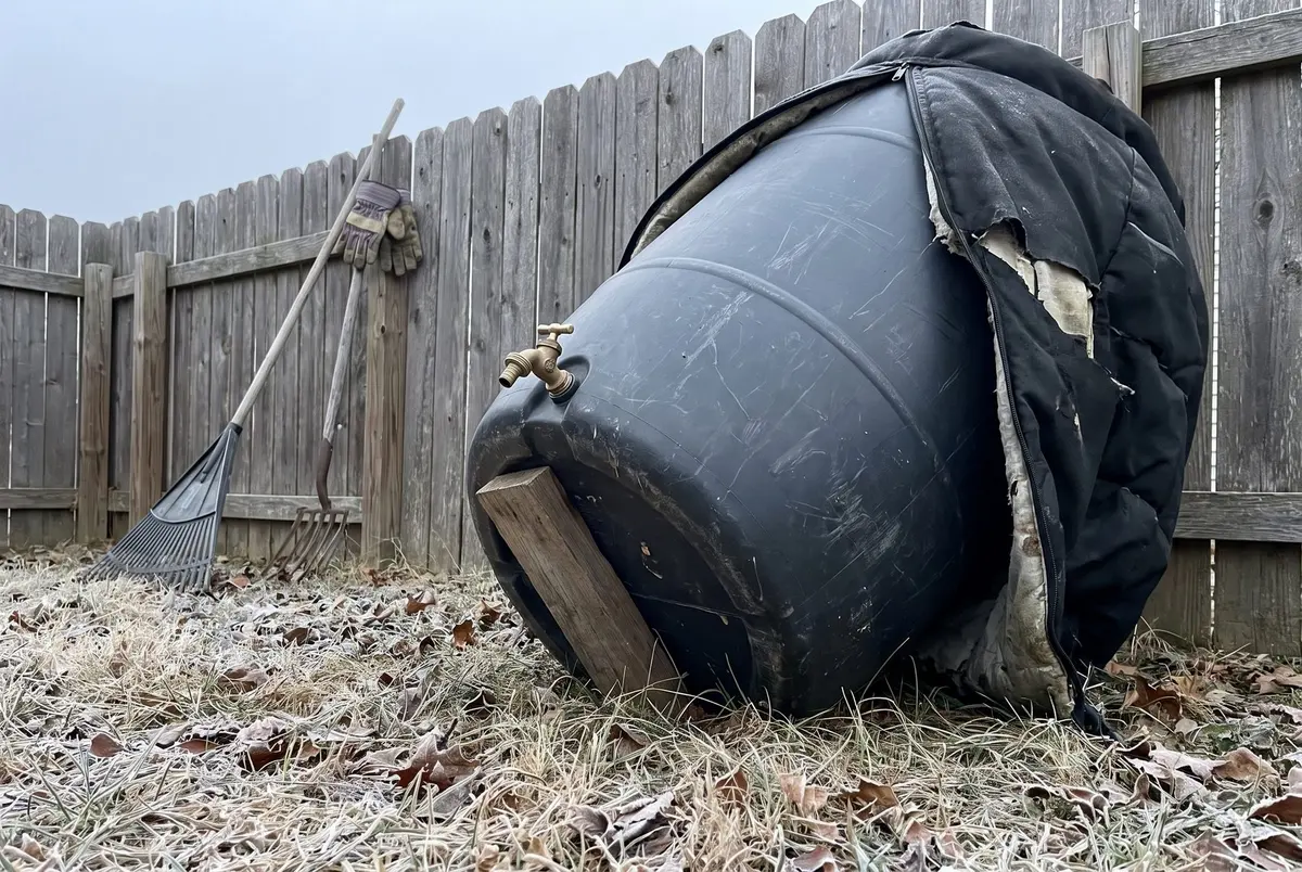 A black plastic rain barrel with a brass spigot tipped onto a wood block in frosty grass, half covered by a torn insulated cover, beside a wooden fence with a rake and gloves