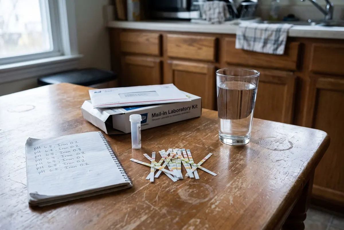 Water test strips, a sample vial, a mail-in laboratory kit and a glass of water on a wooden kitchen table beside a notebook of handwritten pH and iron readings