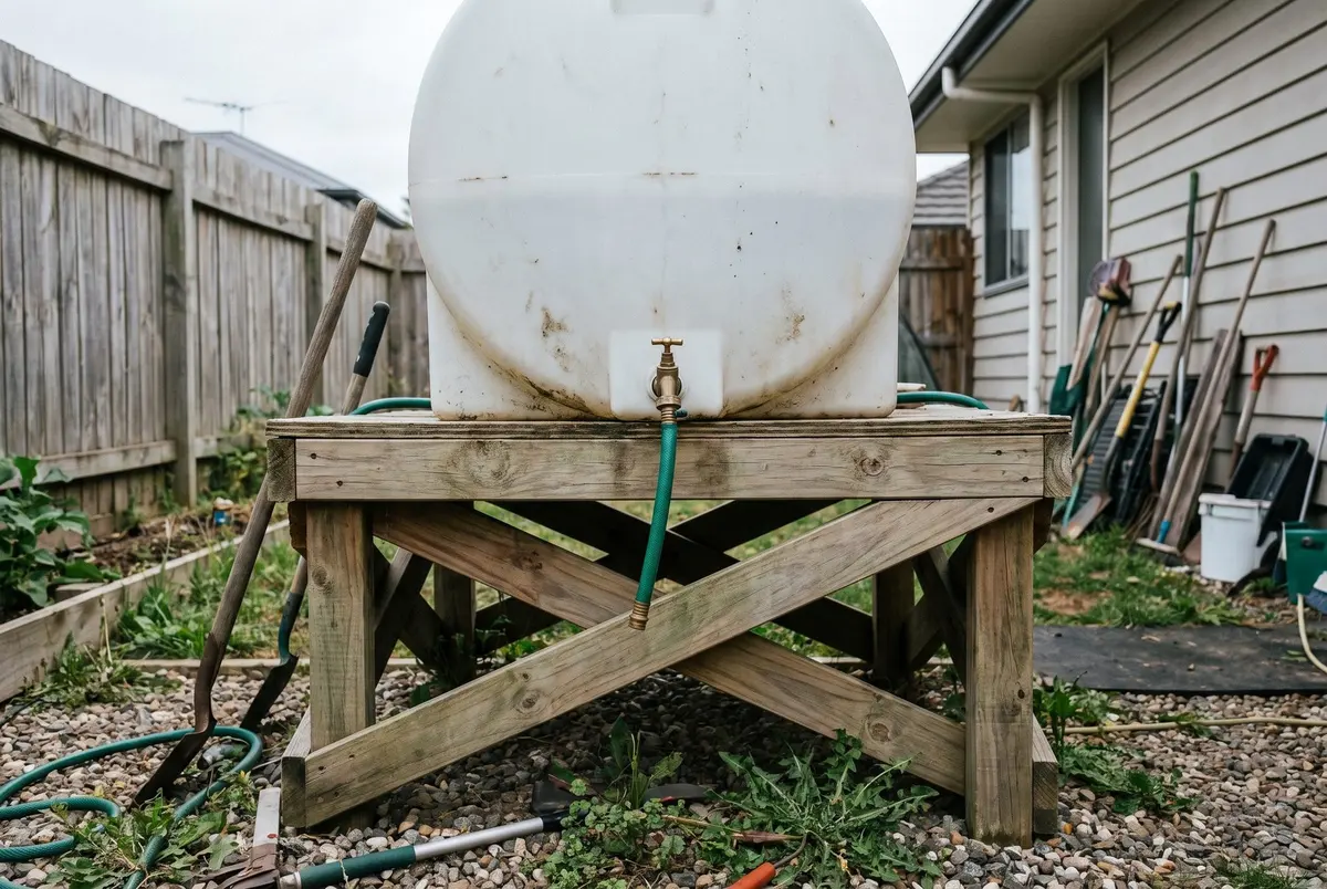 A white plastic water tank with a brass spigot and green hose, sitting on a cross-braced wooden stand in a gravel side yard beside a house