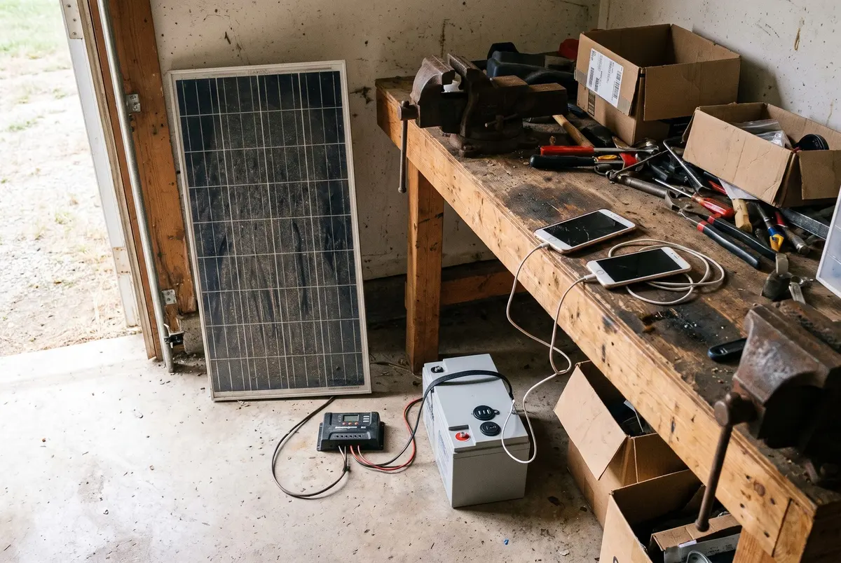 A 100-watt solar panel leaning inside a workshop doorway, wired to a charge controller and a white battery box on the concrete floor, with two phones charging on the workbench