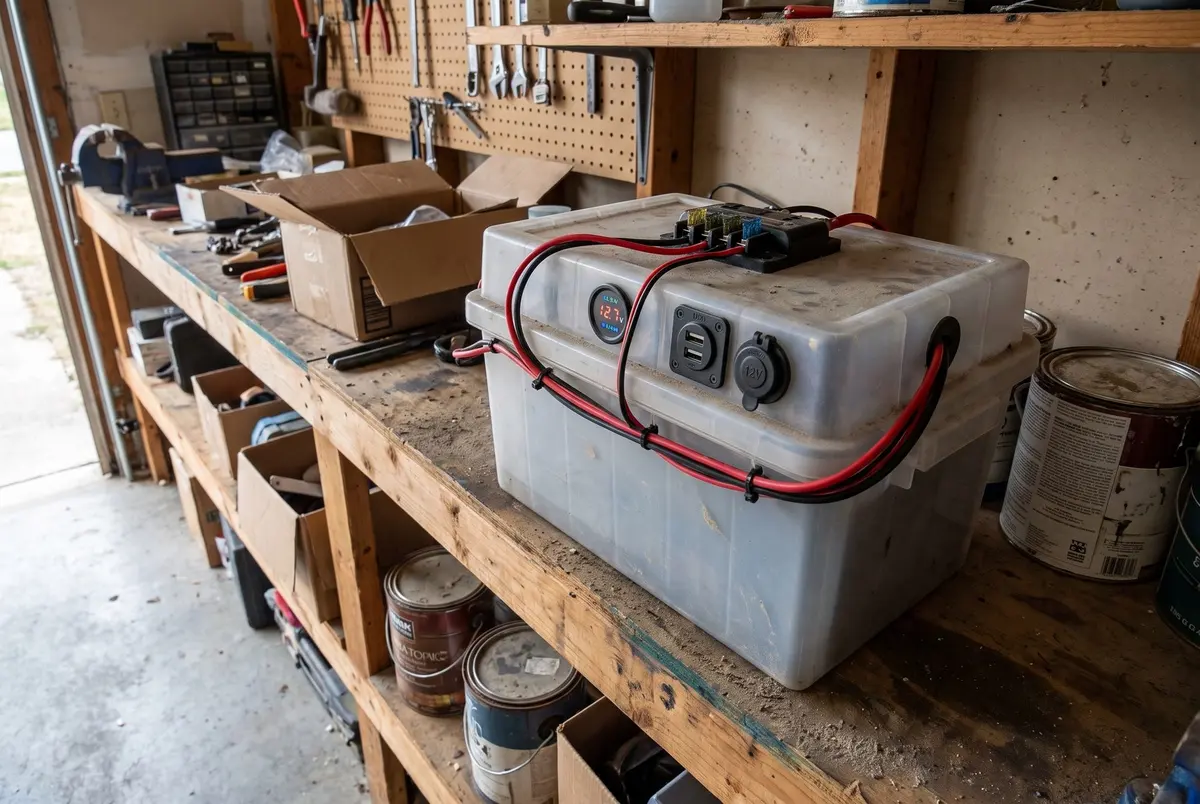 A translucent plastic battery box on a garage workbench, its lid fitted with a fuse block, a round voltmeter and USB and 12 V outlets, red cables along the side