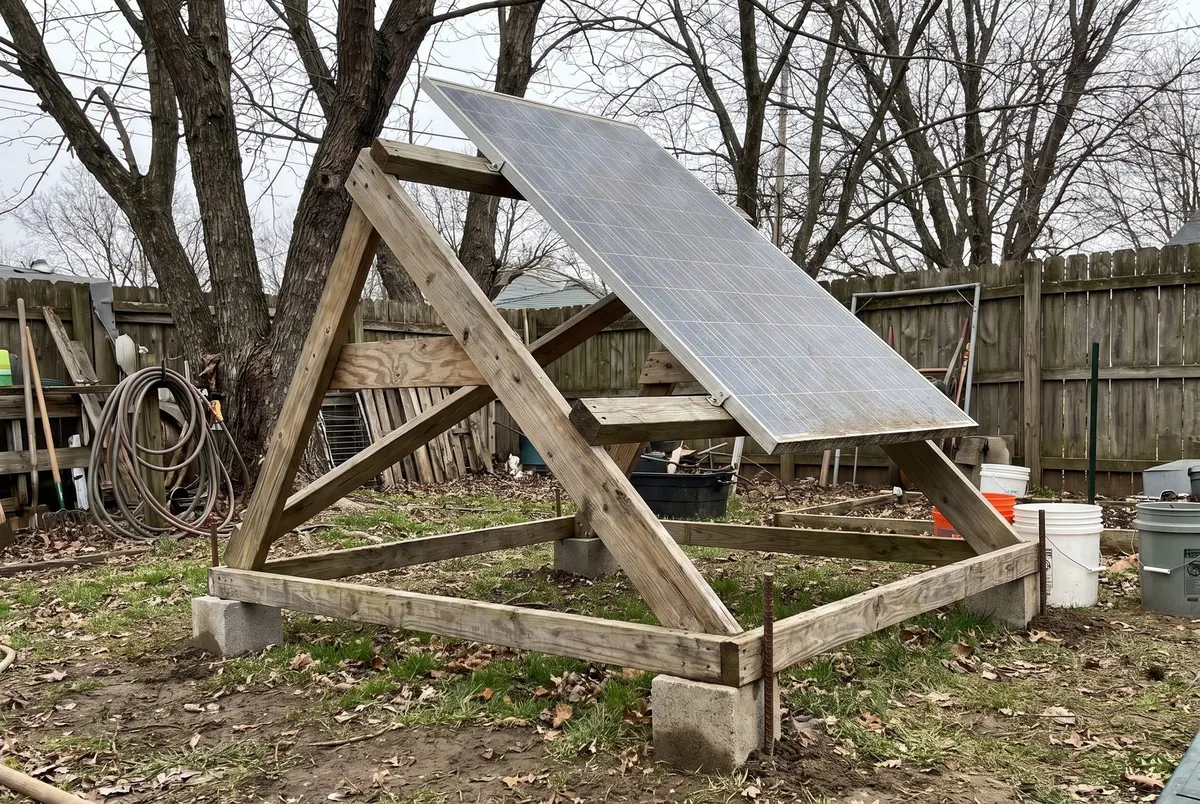 A solar panel on a wooden A-frame ground mount built from 2x4s, standing on concrete blocks in a backyard with bare trees, a wooden fence and buckets behind it